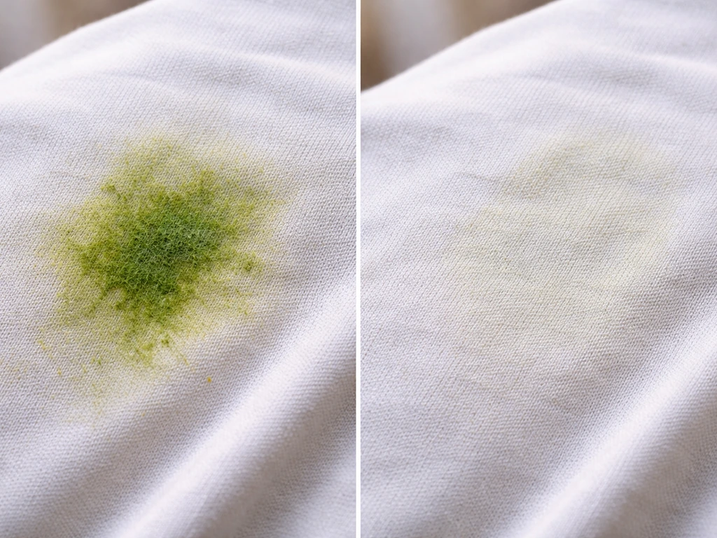 Comparaison avant/après : tache verte plus claire après application de jus de citron.