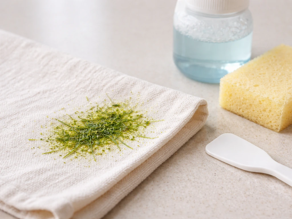 Tache d’herbe fraîche sur tissu clair, avec éponge et produit détachant à l’oxygène actif pour le nettoyage.