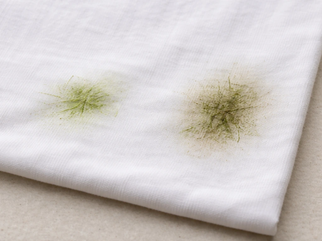 Deux petites taches d’herbe sur un tissu blanc : l’une fraîche, l’autre plus incrustée avant nettoyage.