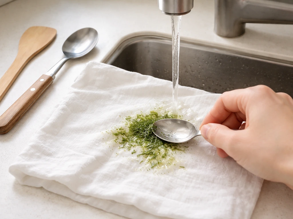 Vue en plongée d’un tissu blanc avec tache d’herbe fraîche, gratté à la cuillère puis rincé à l’eau tiède.