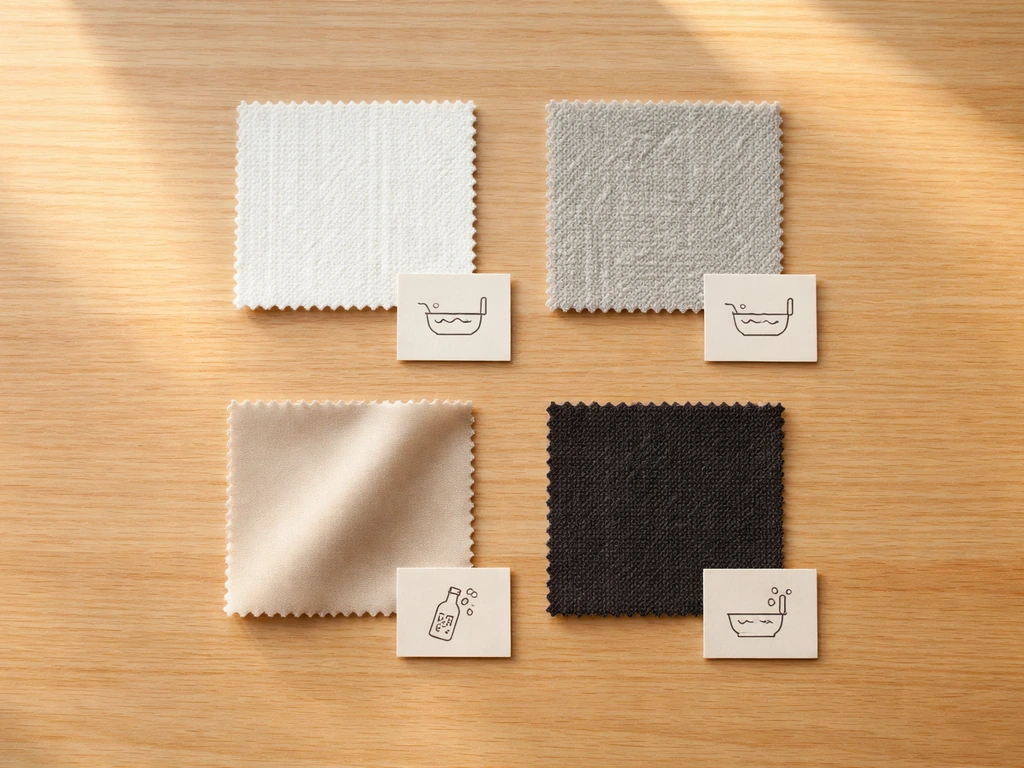 Tableau photo minimal avec échantillons de tissus coton, laine et soie/synthétique et consignes de lavage.