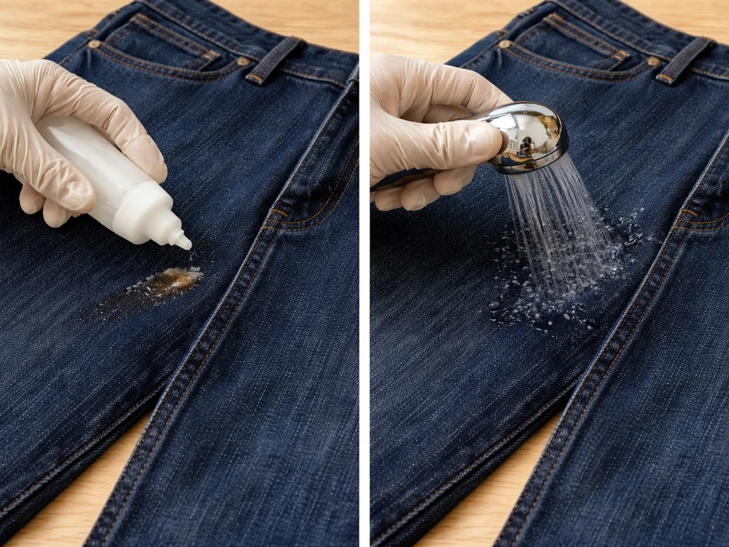 Mains appliquant un détachant enzymatique sur un jean indigo foncé, puis rinçage, sans blanchiment visible.