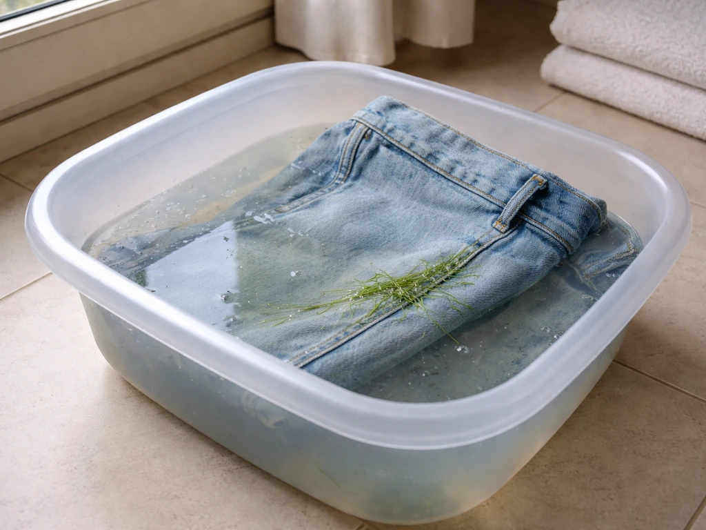 Un jean taché trempant dans une bassine d’eau froide, tache d’herbe visible avant lavage fractionné