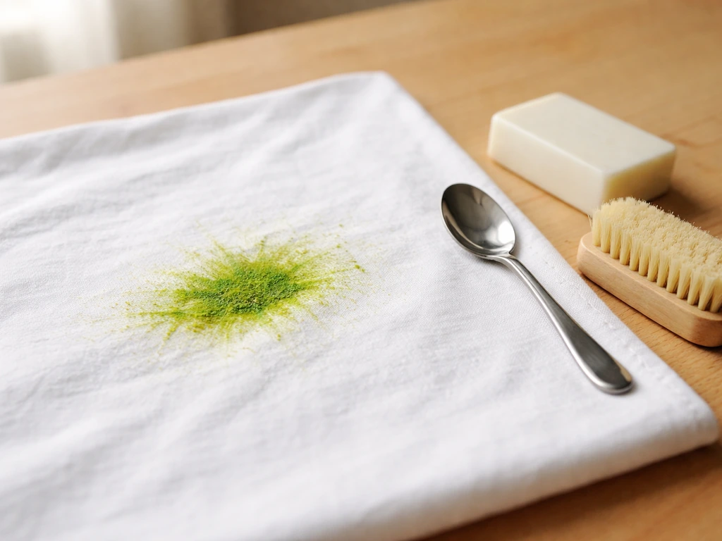 Tache d’herbe sur du coton blanc, avec cuillère, savon et brosse douce à côté sur table en bois.