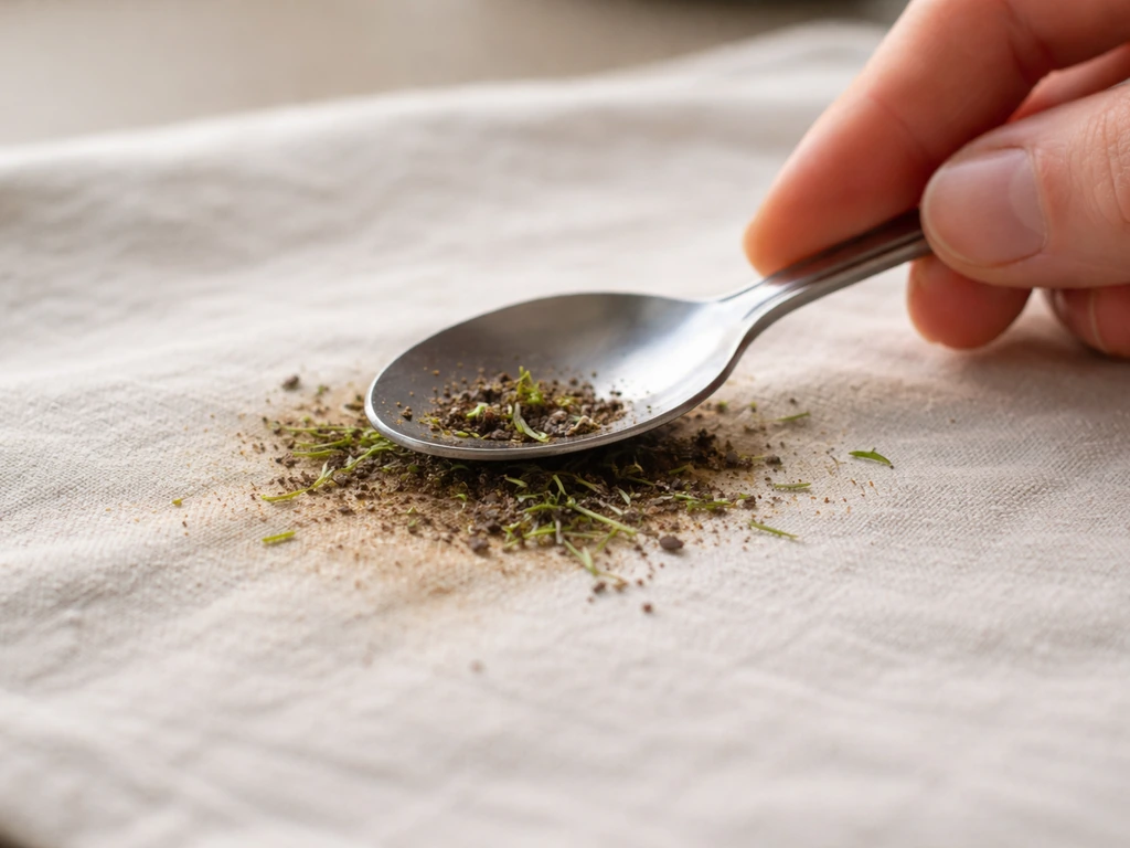 Gros plan sur un prétraitement : dos d’une cuillère qui gratte doucement l’excédent d’herbe sur un tissu.