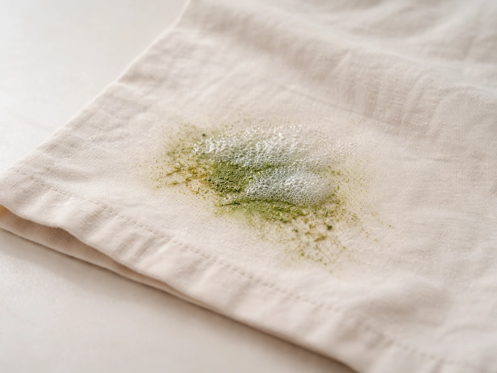 Spray de détachant enzymatique appliqué sur une tache d’herbe, tissu posé avant lavage.