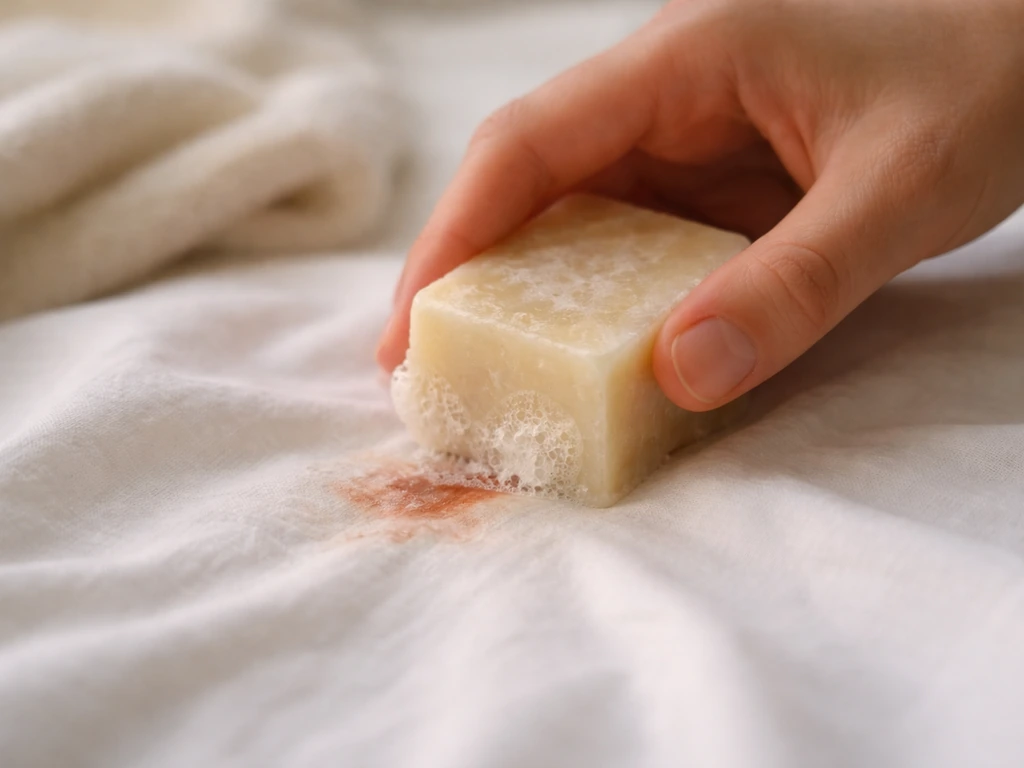 Savon de Marseille humide frottant délicatement une tache sur un tissu, puis tamponnage léger