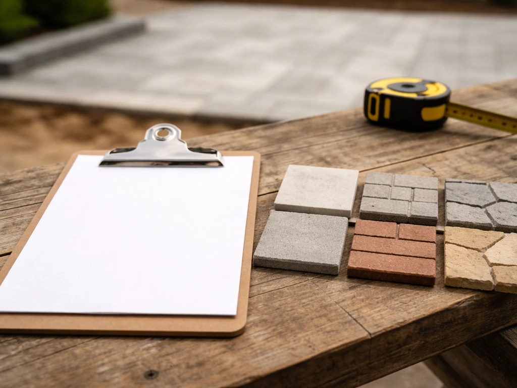 Minimal patio contractor workbench with material swatches and a blank clipboard beside an outdoor patio.