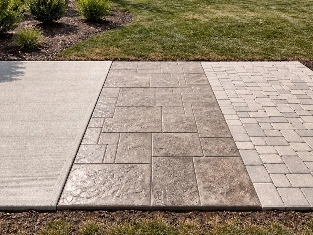 Side-by-side patios showing broom-finish concrete, stamped concrete, and interlocking pavers.