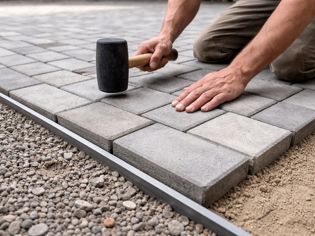 Close-up of concrete pavers being installed over gravel base with edging and sand bedding.