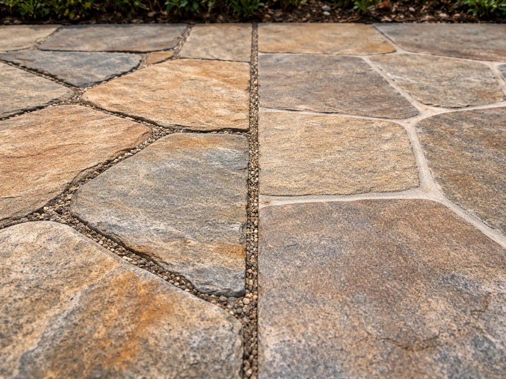Close-up of a flagstone patio showing dry-laid joints next to mortared seams and stone texture.