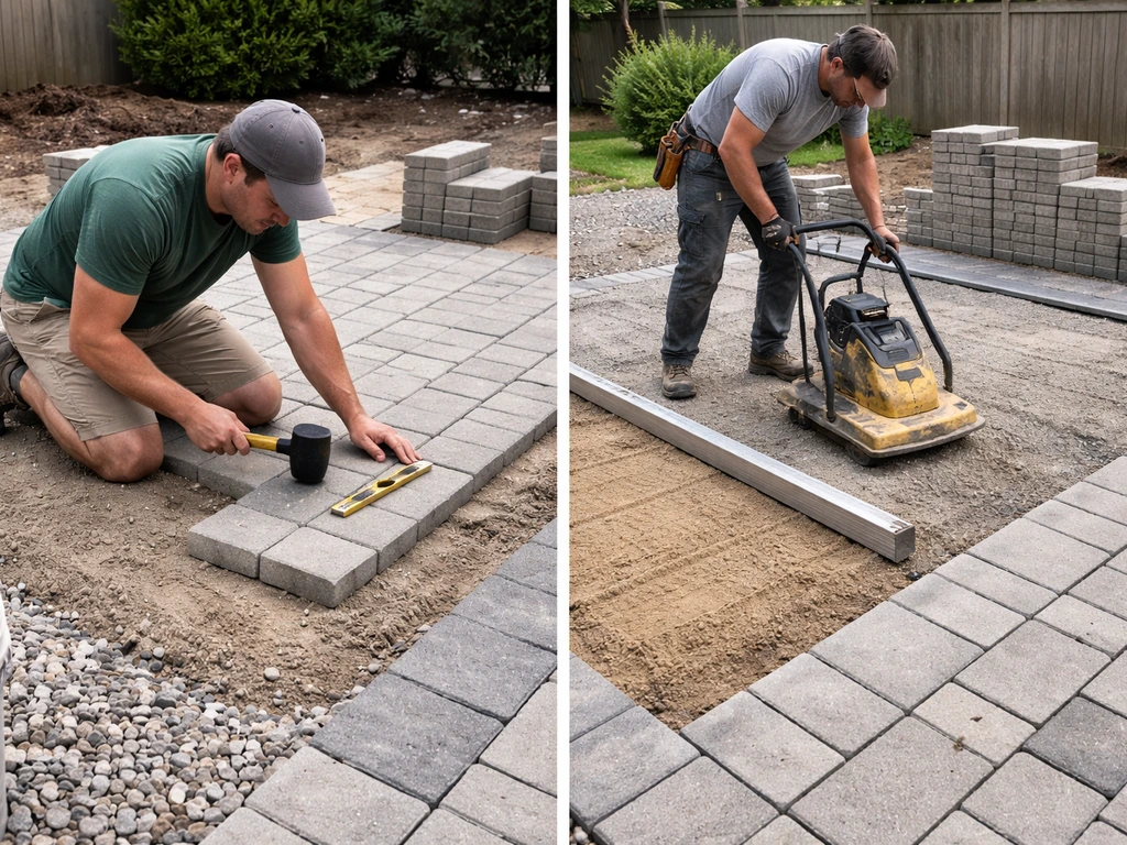 Homeowner laying pavers by hand beside a pro compacting base with a screed for leveling.