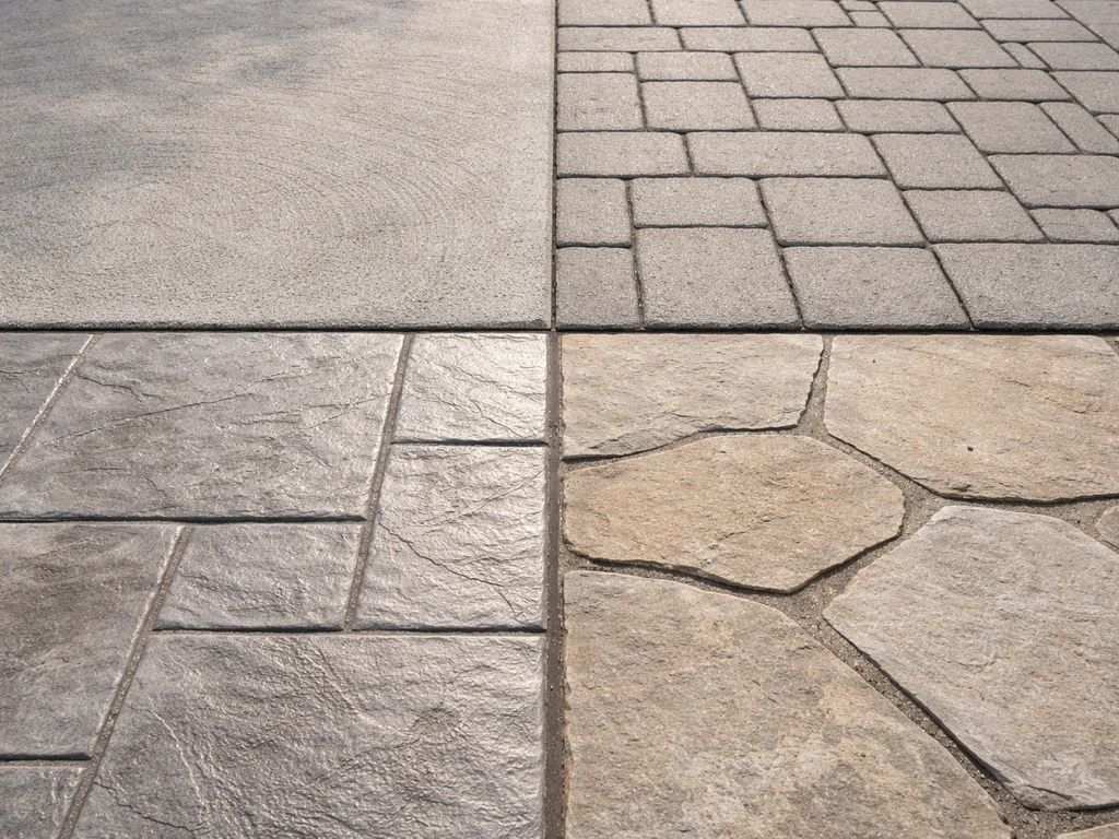 Close-up of four adjacent patio materials: concrete, pavers, stamped concrete, and flagstone edges.