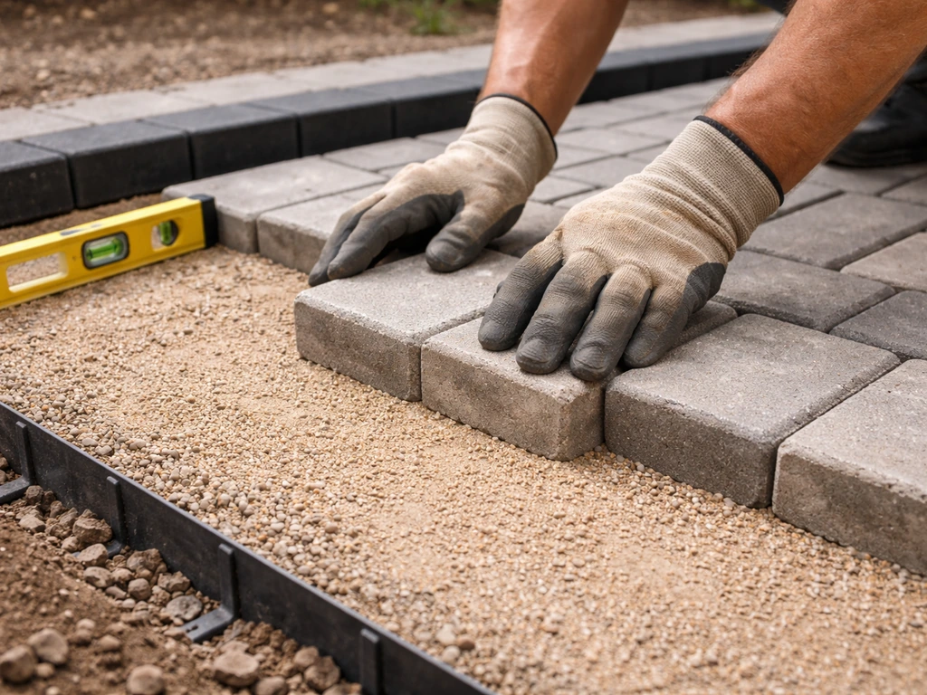 Gloved hands placing interlocking pavers on a leveled patio base with edge restraints visible.