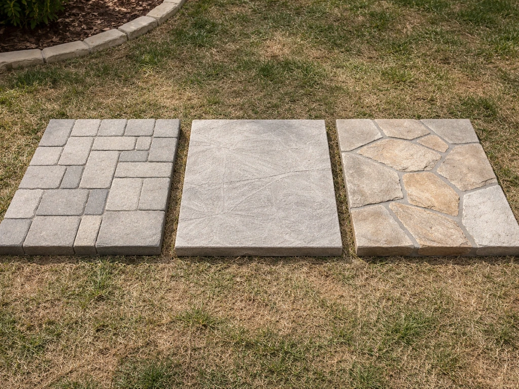 Minimal close-up of three patio surface samples on a small yard backdrop showing pavers, stamped concrete, and flagstone