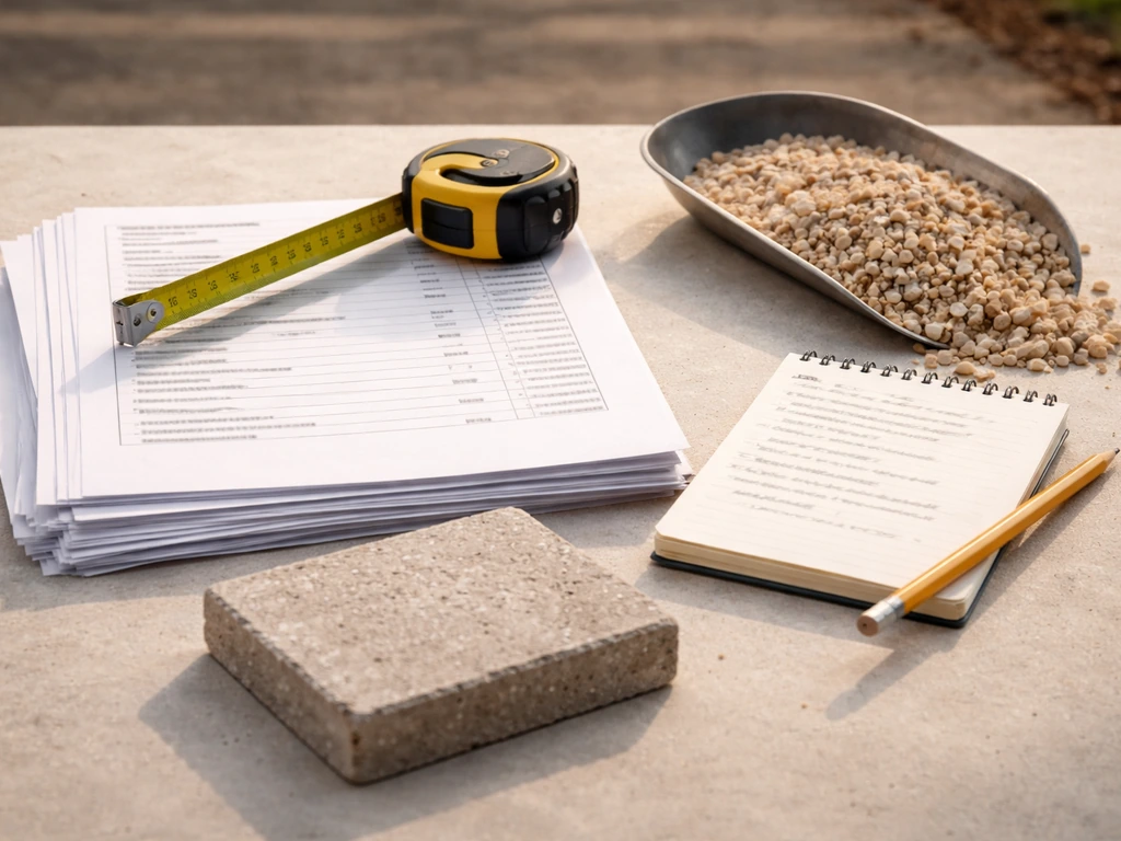 Contractor estimate papers with itemized line items and measuring tape beside gravel and base prep notes.