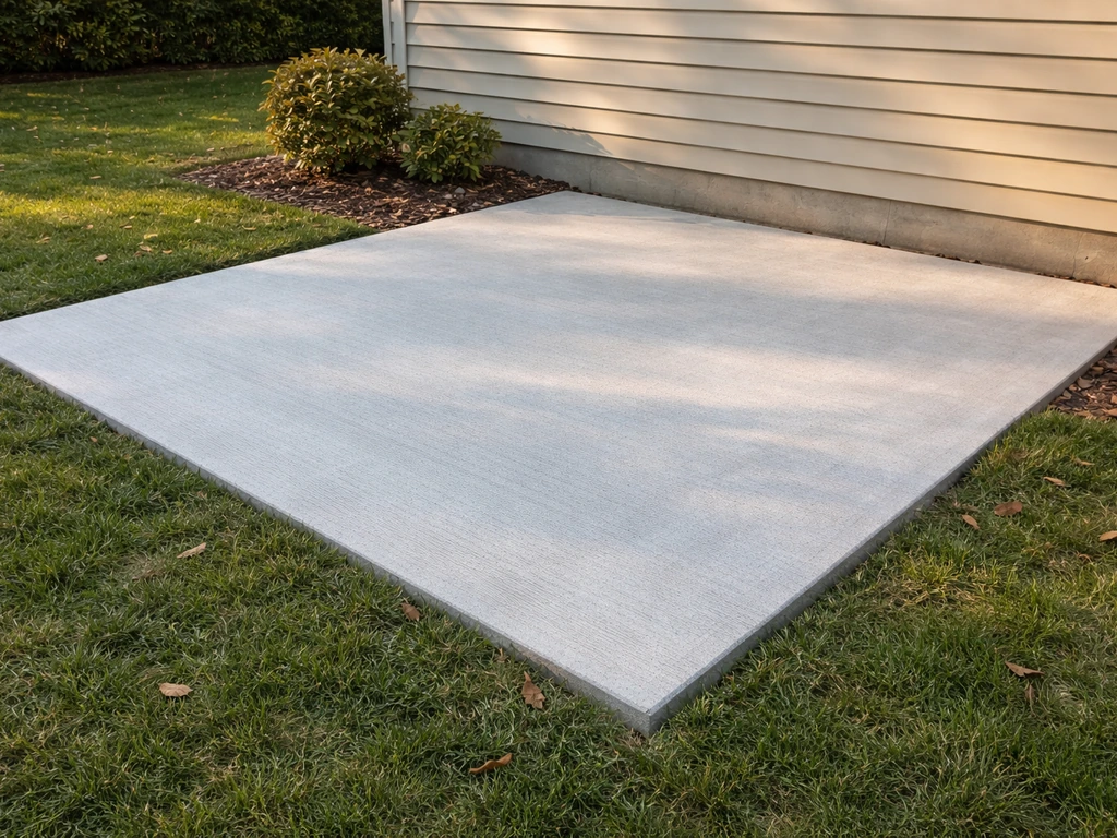 Finished 10x10 plain concrete patio in a quiet residential backyard with natural light.