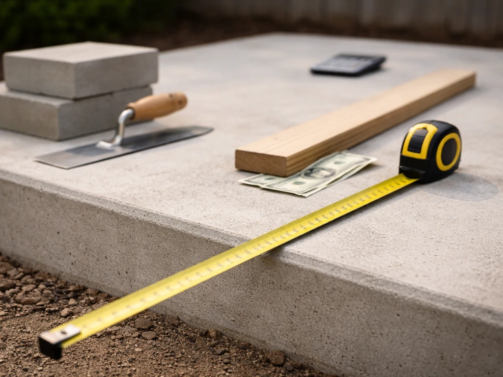 Minimal photo of a small concrete patio area with a measuring tape and cash-like props, suggesting patio cost range.