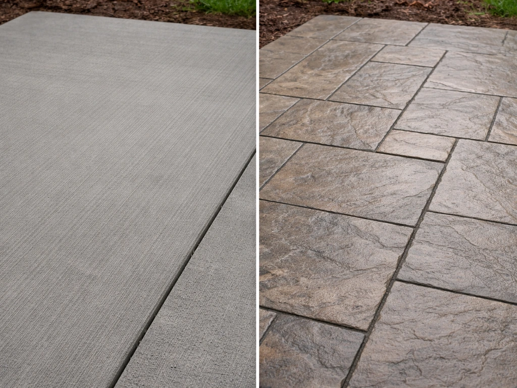 Side-by-side plain broom-finished concrete and stamped concrete showing decorative texture difference.
