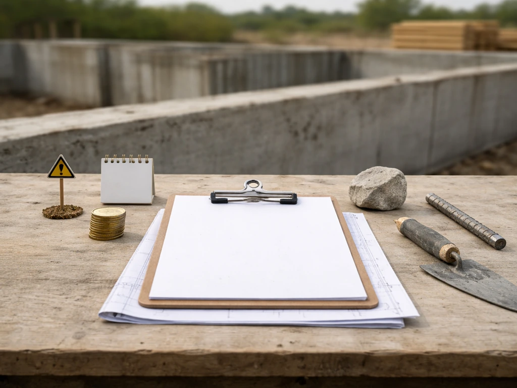 Minimal close-up of a construction quote desk scene with tools and five simple cost-factor tokens.