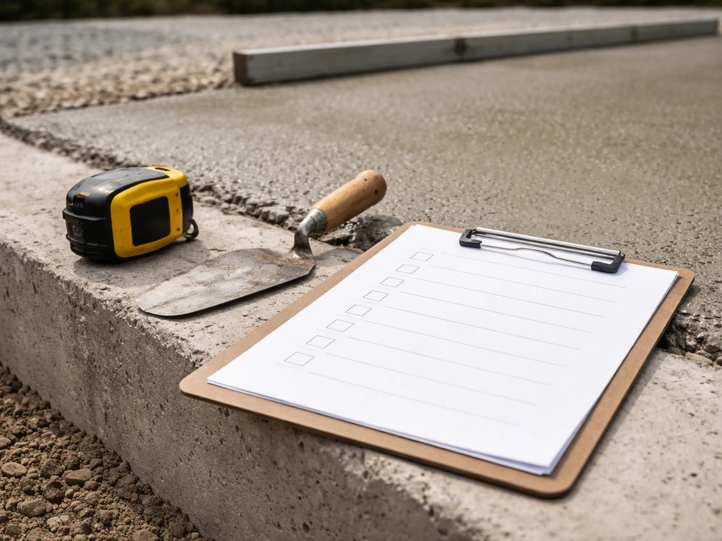 Minimal outdoor concrete patio with close-up tools and a simple materials comparison checklist on a clipboard.