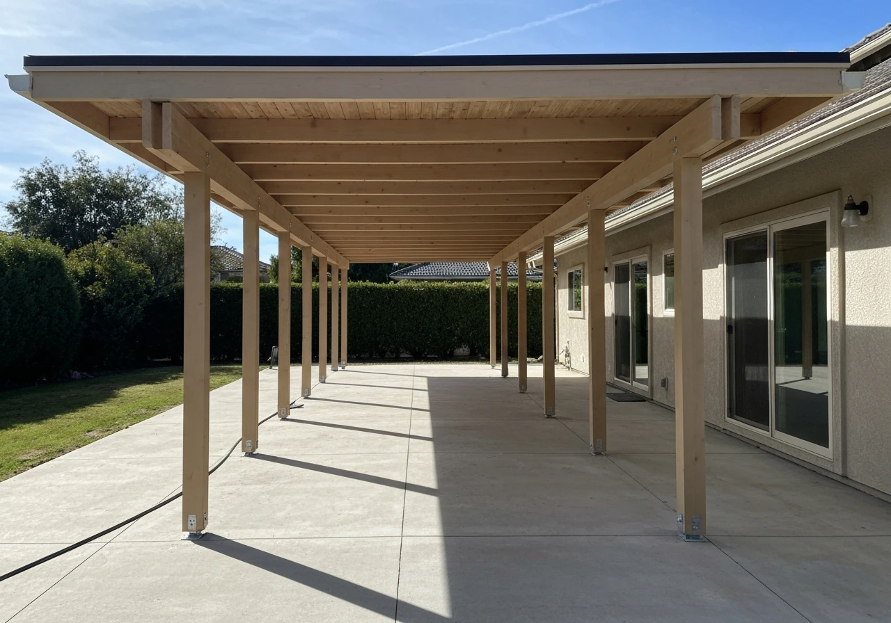 Wide view of a finished residential patio roof canopy with visible structure and roofing.