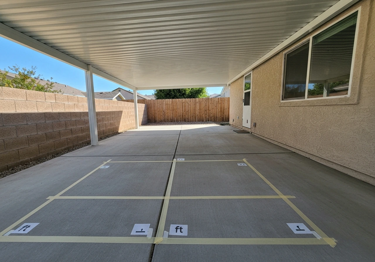Backyard patio with an installed aluminum cover and floor tape squares indicating measurement scale.