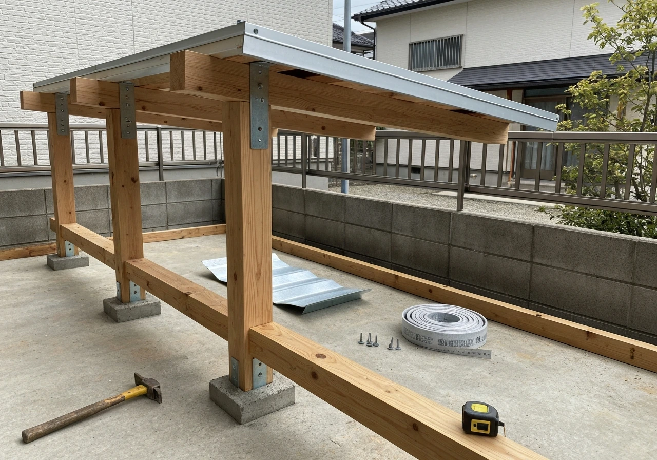 Close-up of a patio roof installation with materials and tools laid out on a driveway.