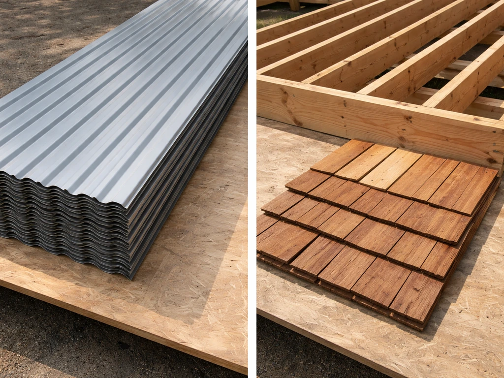 Split view of aluminum roofing panels and wood-shingle roof framing sections side-by-side.