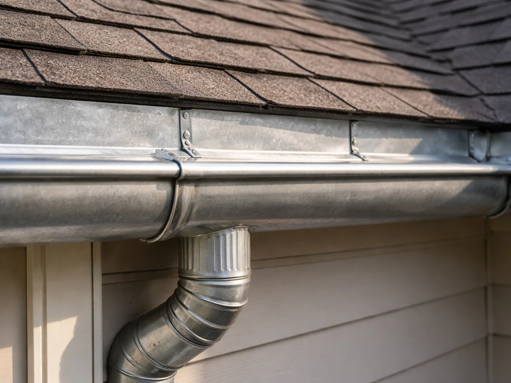 Close-up of an installed gutter with downspout and roof flashing where the roof meets the wall.