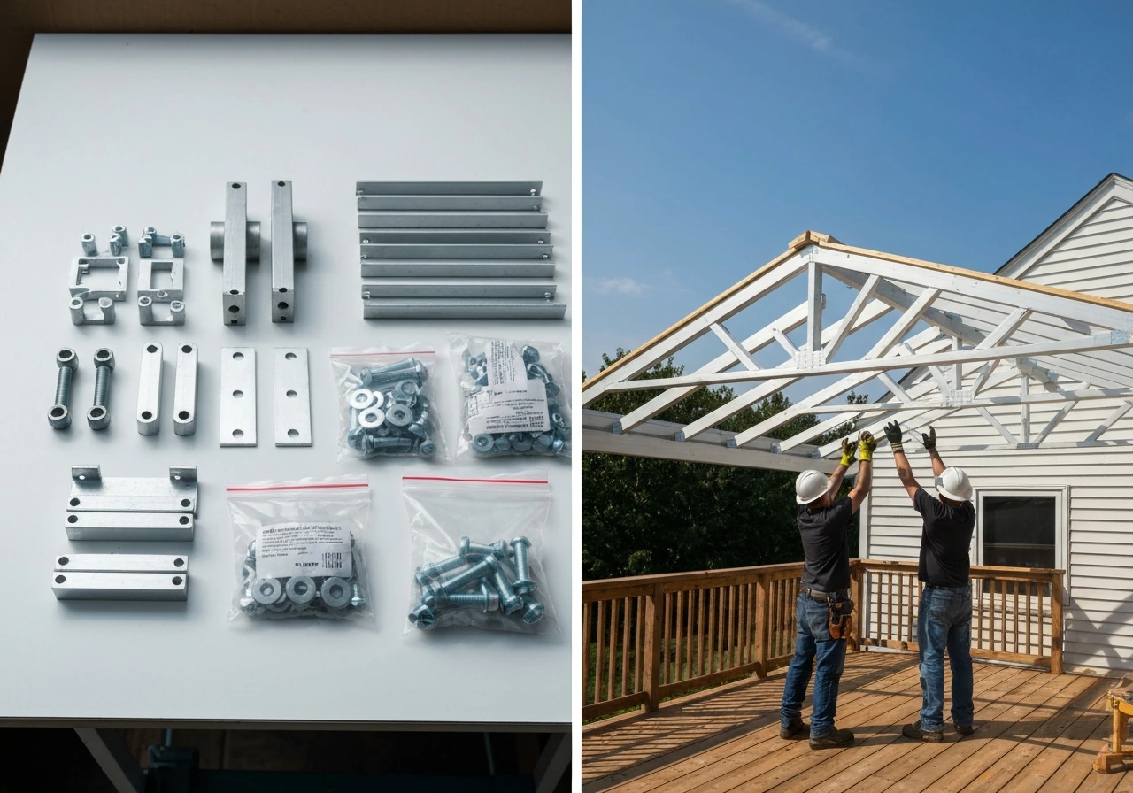 Close-up of patio cover kit hardware beside a contractor team framing a simple roof structure.