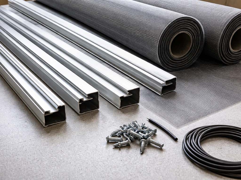 Close-up of aluminum extrusion framing and screen mesh rolls with fasteners laid out on a work surface.