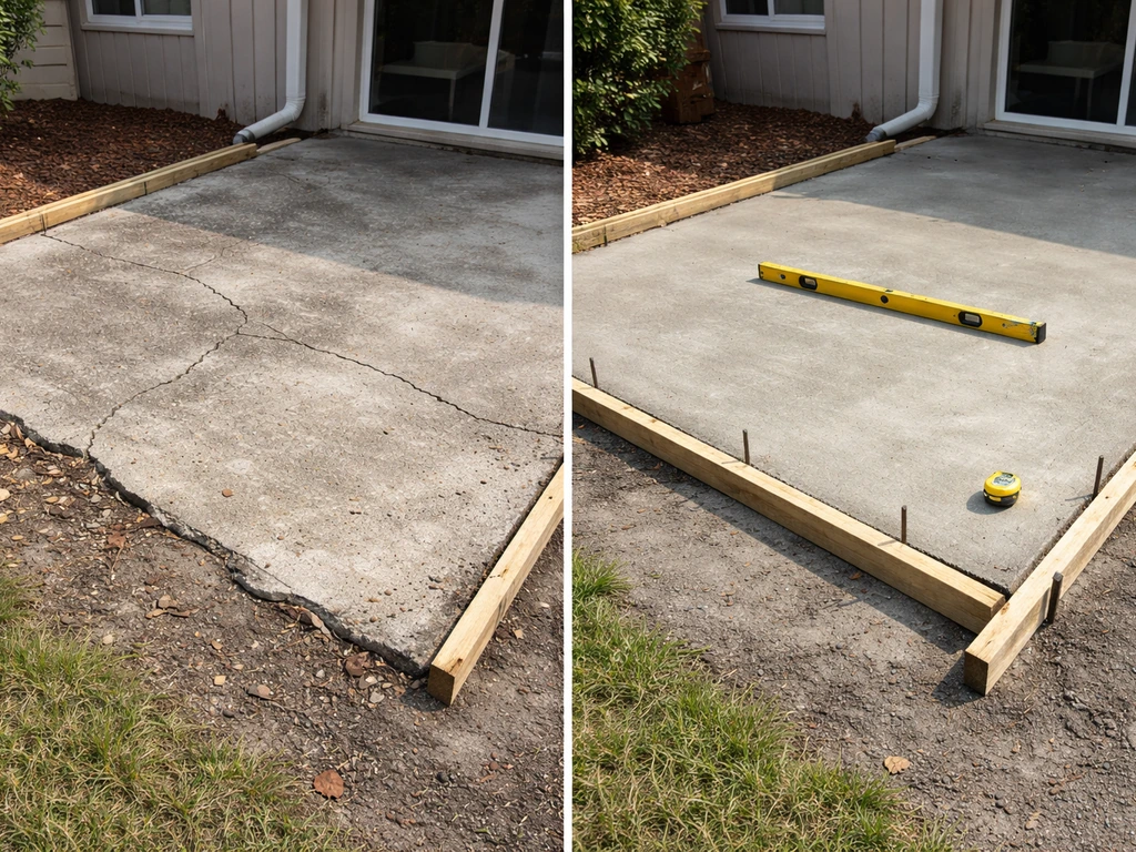 Backyard patio slab showing cracked uneven concrete next to a leveled, prepared area for framing.