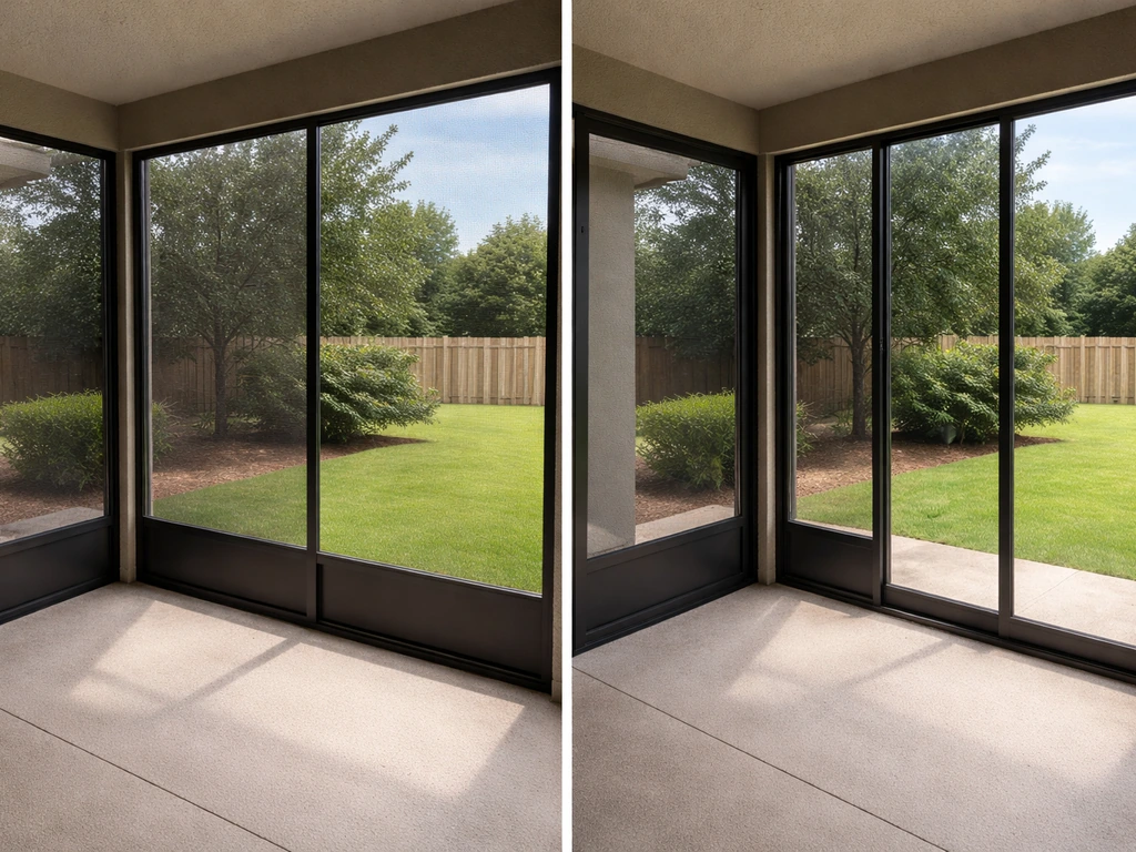 Minimal side-by-side view of a patio screened enclosure framing versus a fully enclosed glass wall panel