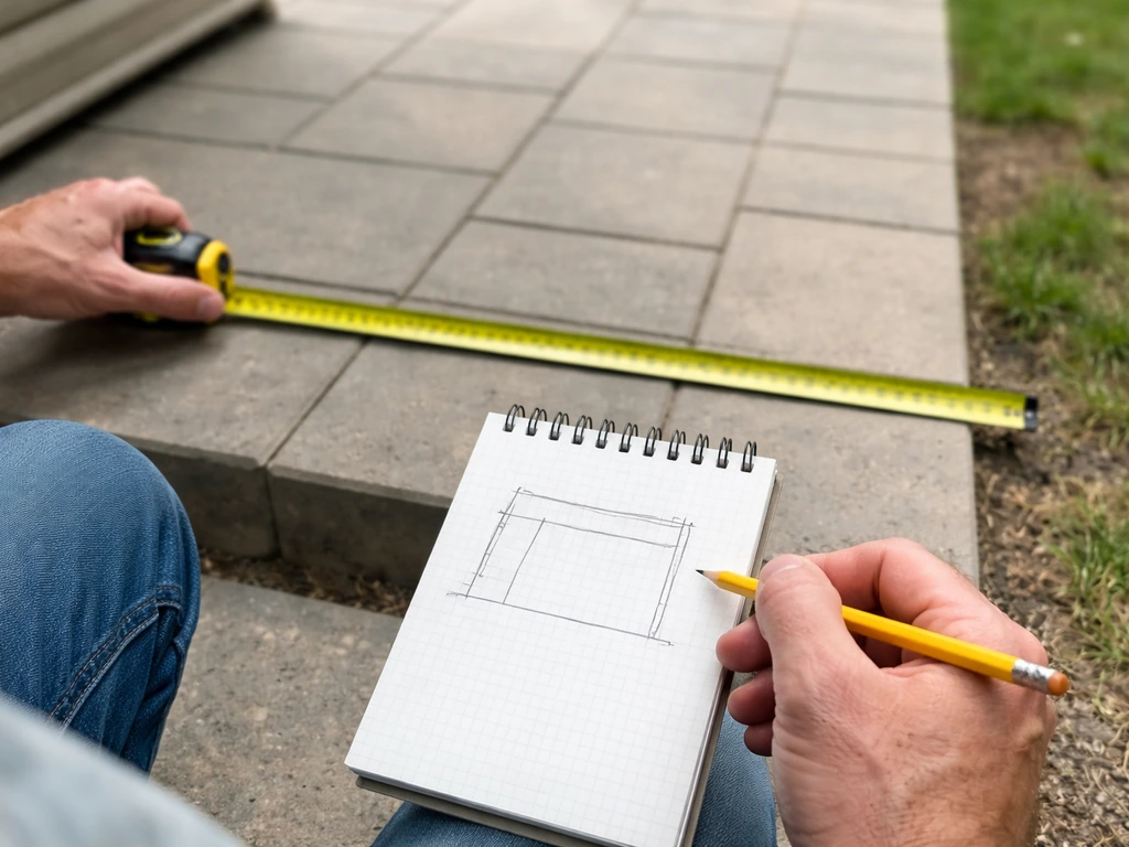 Homeowner’s hands measuring a patio with a tape measure near a notepad and pencil, preparing for contractor quotes.