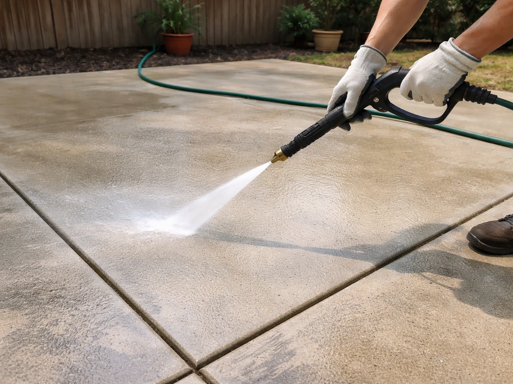 Sunlit patio concrete being power-washed to prep for an epoxy coating, with wet texture and hose visible.