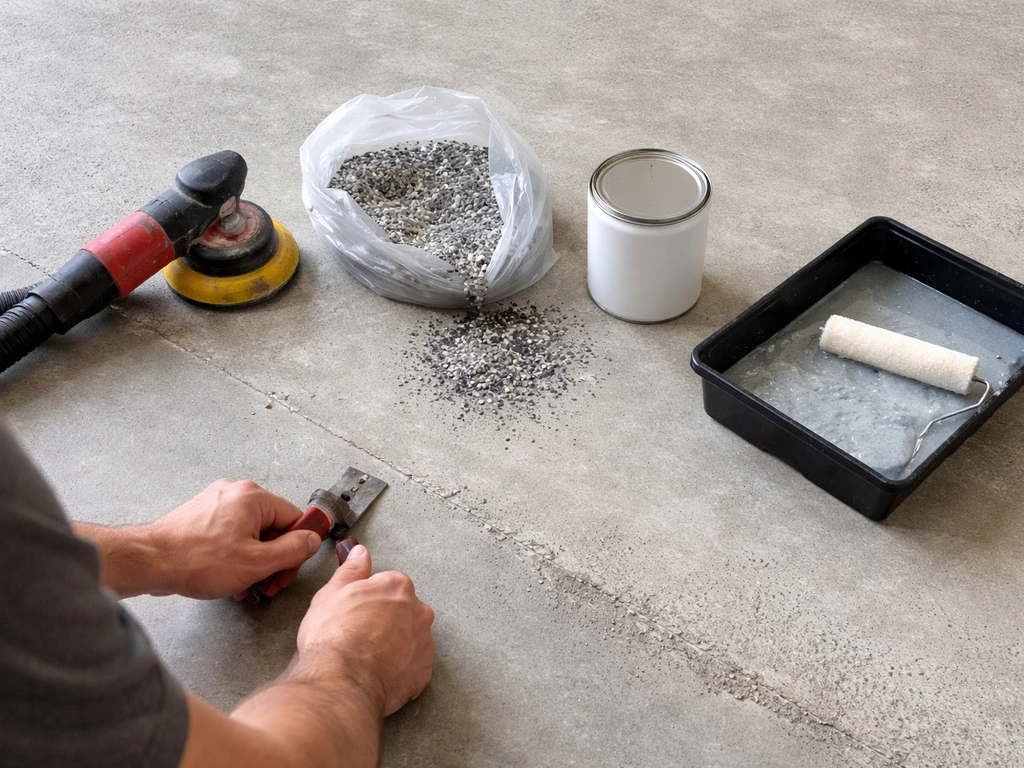 Minimal epoxy floor prep scene with tools, clear base coat container, and broadcast flakes on concrete.