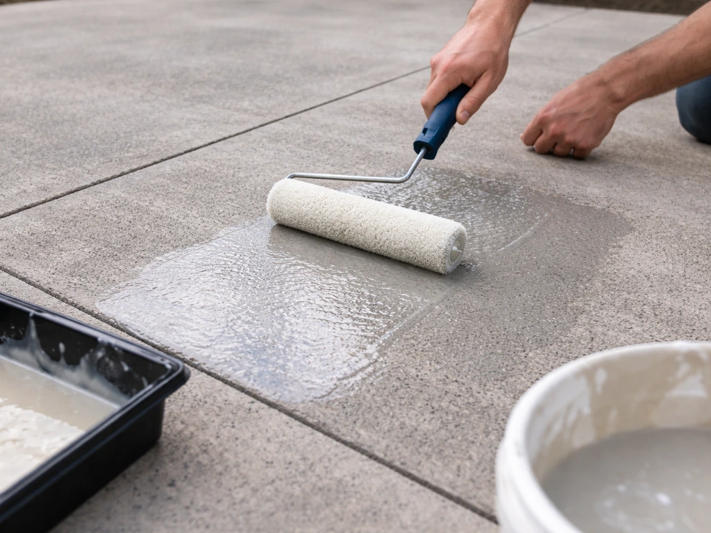 Hands roll a single-coat water-based epoxy onto gray concrete, with paint tray and bucket nearby.