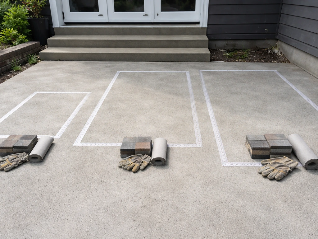 Measuring tapes and simple patio material samples on a concrete patio, suggesting budgeting by size.