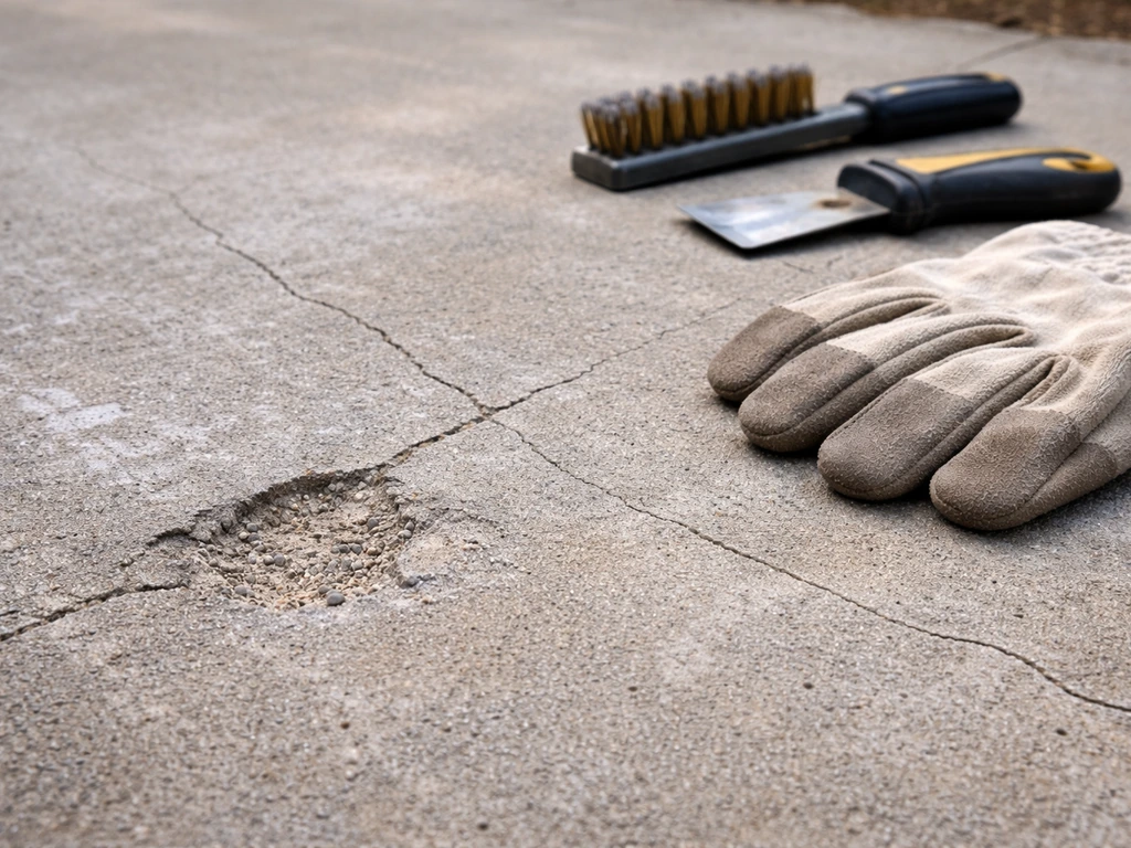 Close-up of a concrete slab with hairline cracks, spalling, chalky deposits, and nearby prep tools.