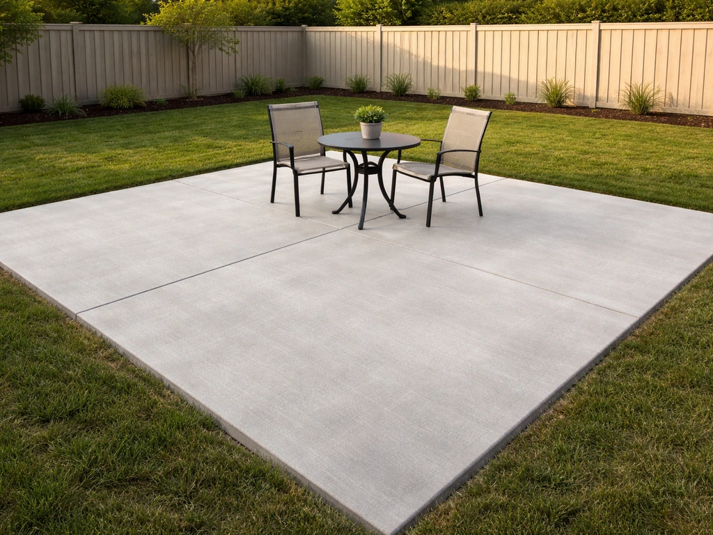 Newly poured 15x15 concrete patio with outdoor table and chairs showing the patio’s size