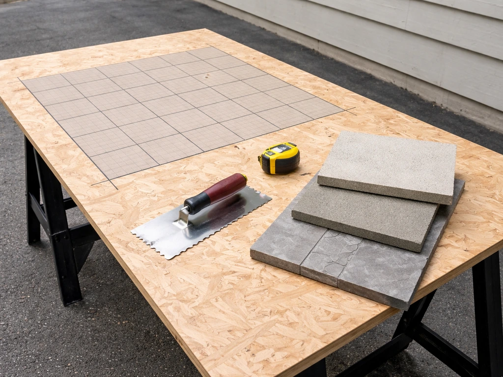 Minimal work table with concrete finish samples and a tape measure beside a patio-sized square layout.