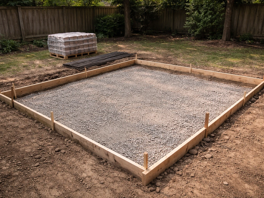 Empty patio build site showing excavation, gravel base, rebar, and concrete prep materials