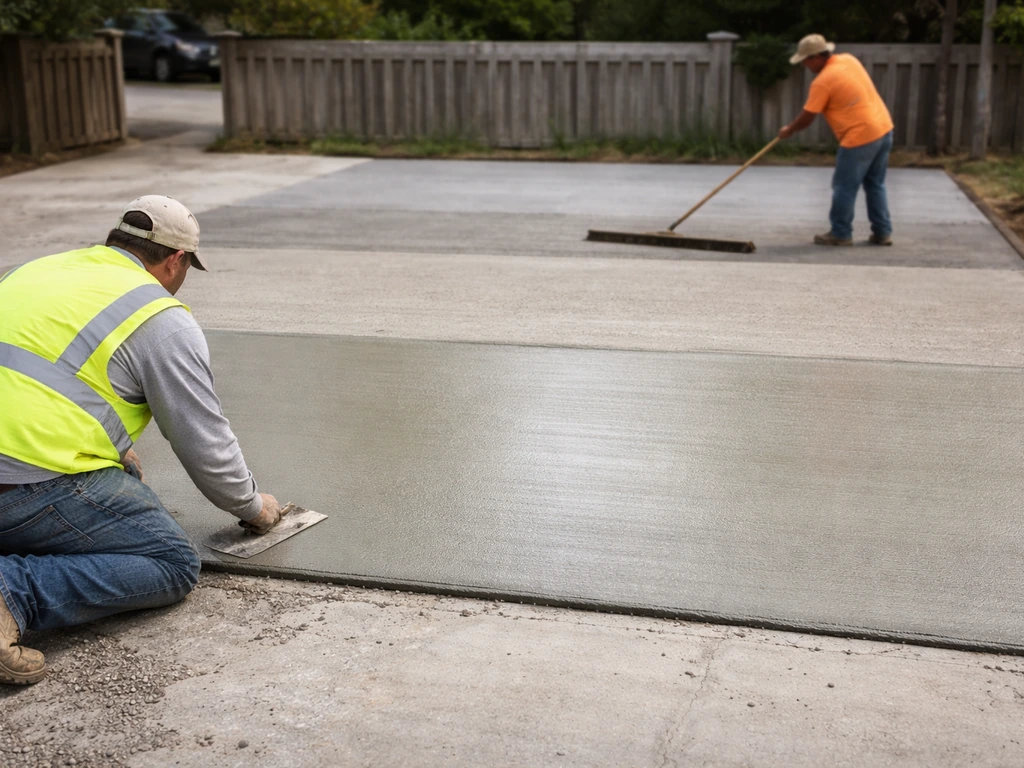 Anonymous worker broom-finishing a fresh concrete slab at a quiet jobsite, suggesting different regional labor costs.