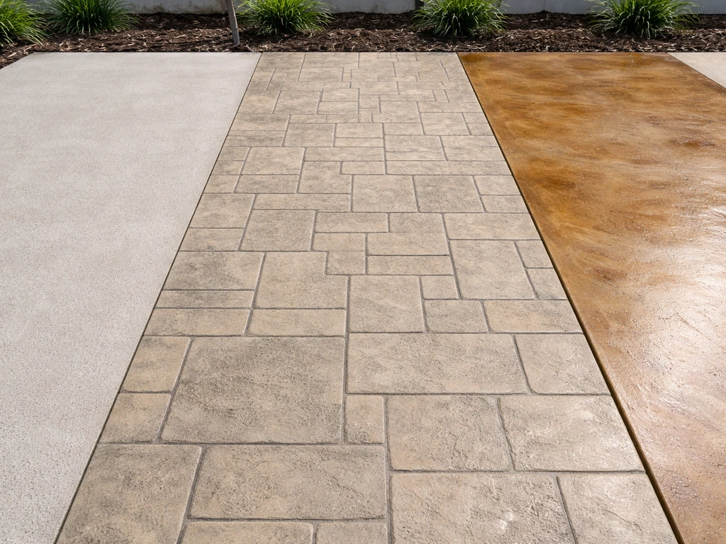 Side-by-side concrete samples showing plain broom finish, stamped pattern, and sealed stained surface sheen.