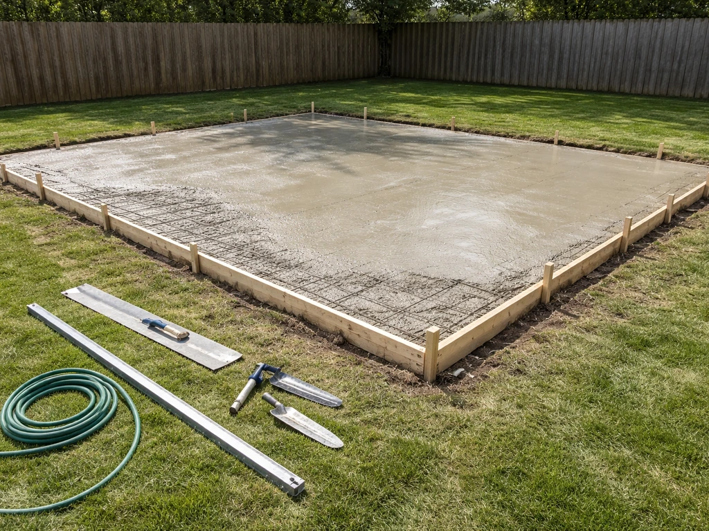 Freshly poured concrete patio area in a backyard with wood forms, rebar, and tools staged for a 20x30 slab