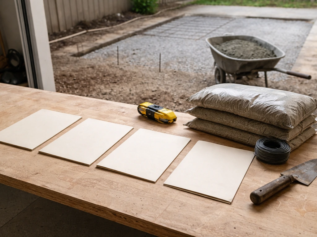 Contractor tools and patio materials beside a leveled gravel base and rebar, representing a concrete job cost breakdown.