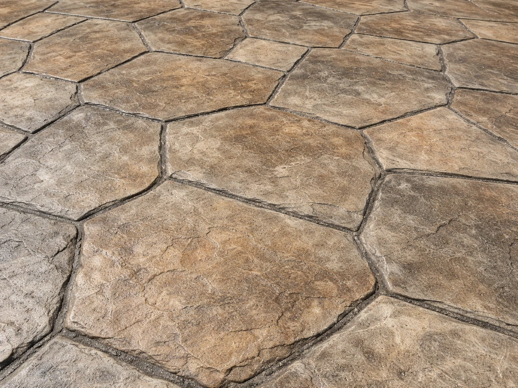 Close-up of stamped and colored concrete showing stone-like texture and color variation.