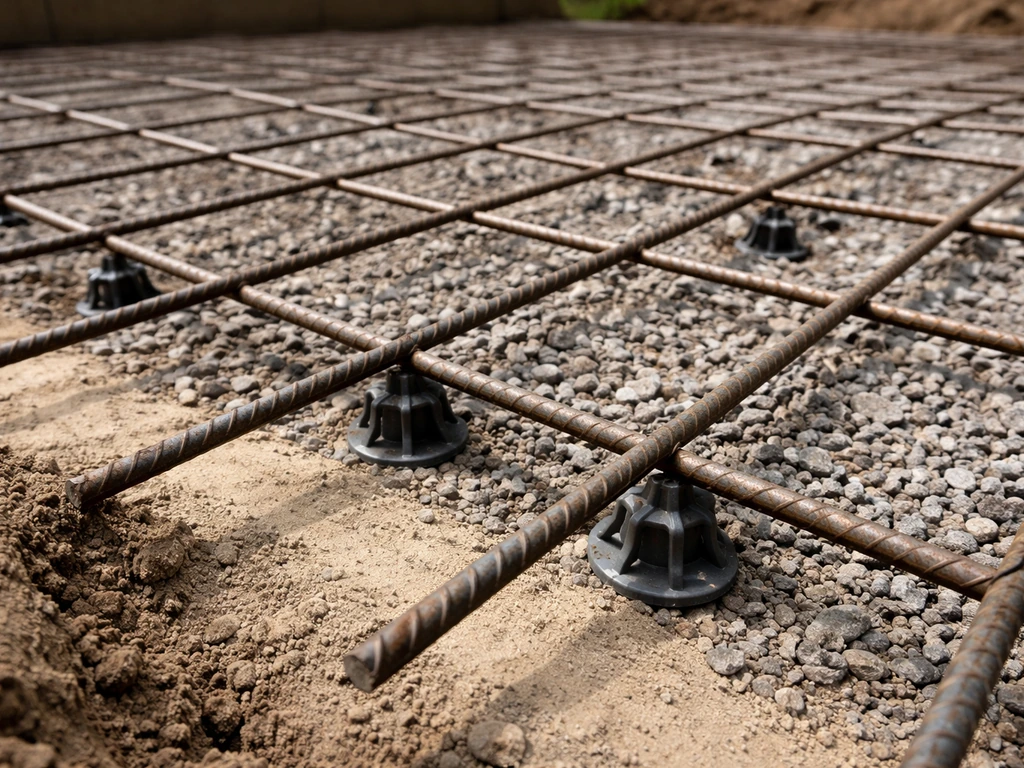 Close-up of rebar and wire mesh resting on spacers over compacted gravel base for a concrete slab.