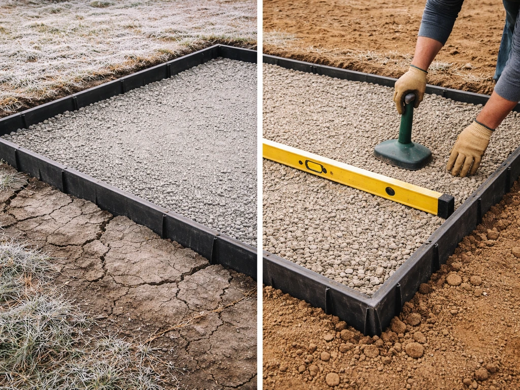 Patio slab base in split freeze-thaw vs dry conditions, with a worker’s hands tamping gravel.